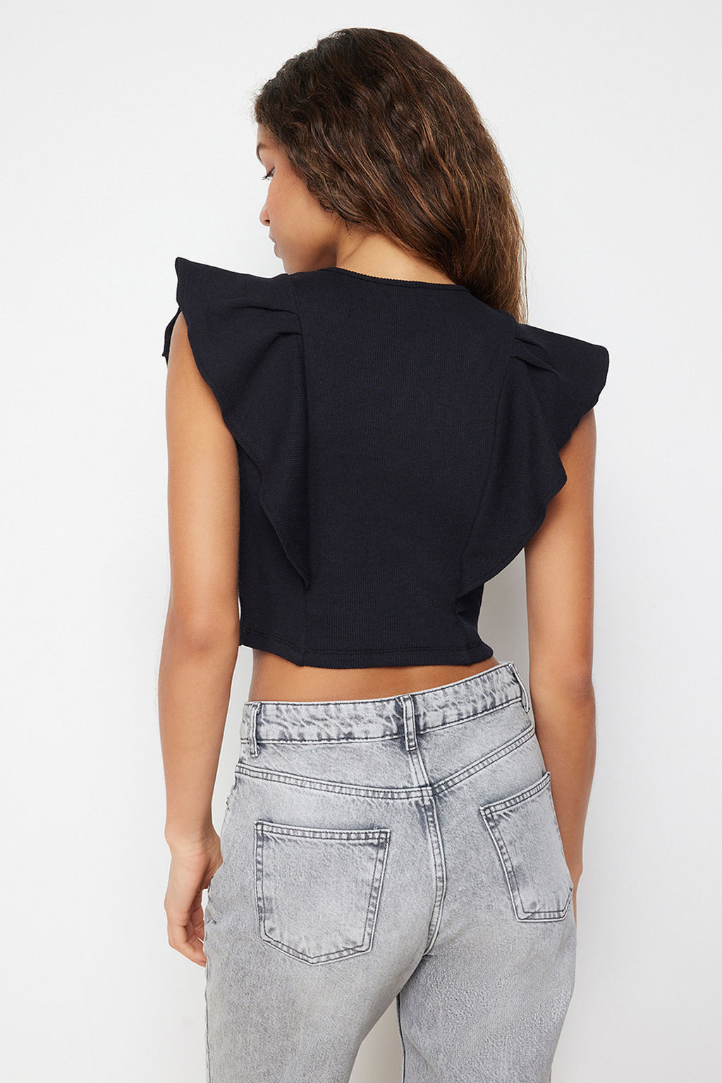 Siyah Kollar? F?rf?rl? Fitilli Esnek Bisiklet Yaka Crop Orme Bluz TWOSS24BZ00370