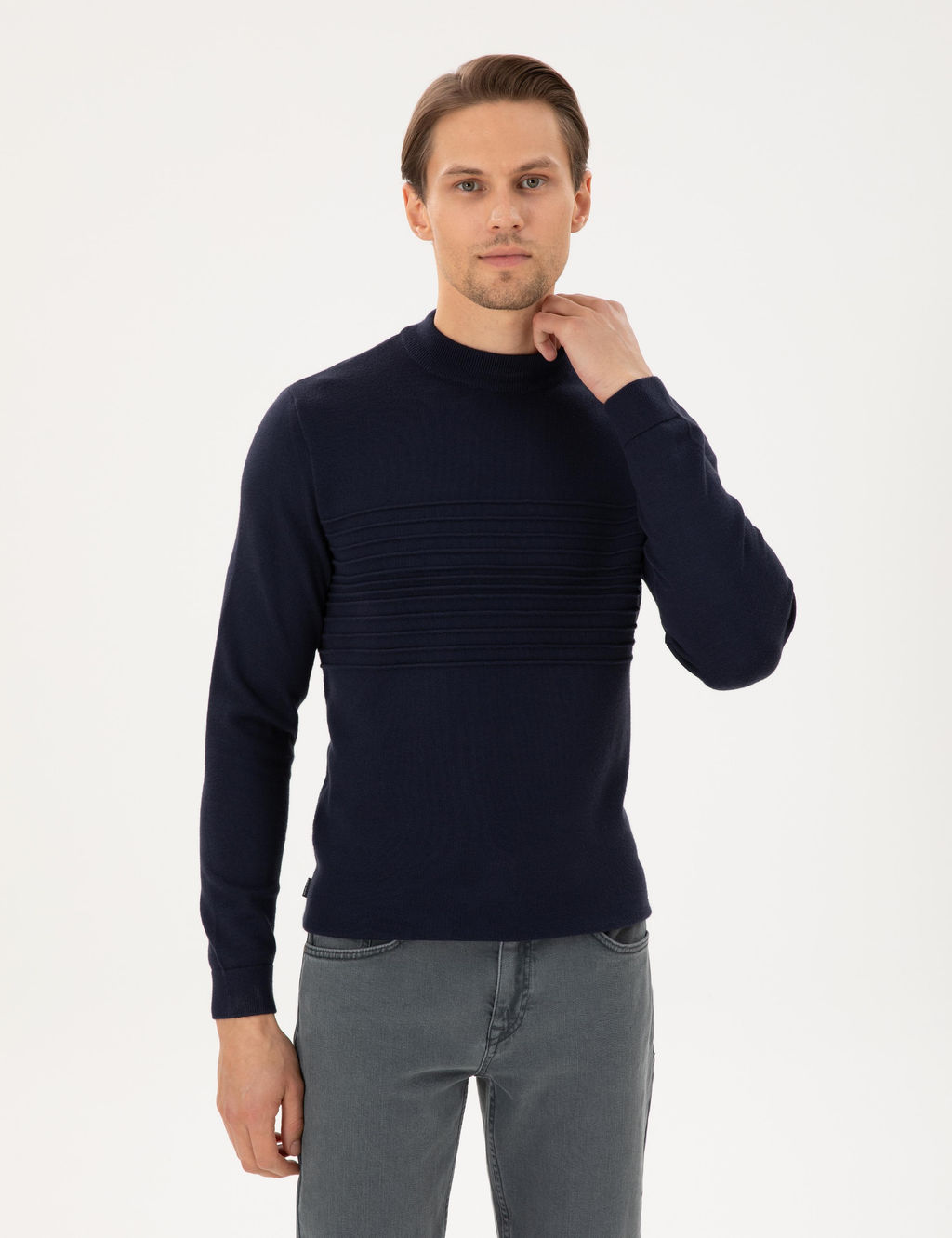 Lacivert Slim Fit Bato Yaka Y_n Kar___ml_ Triko Kazak