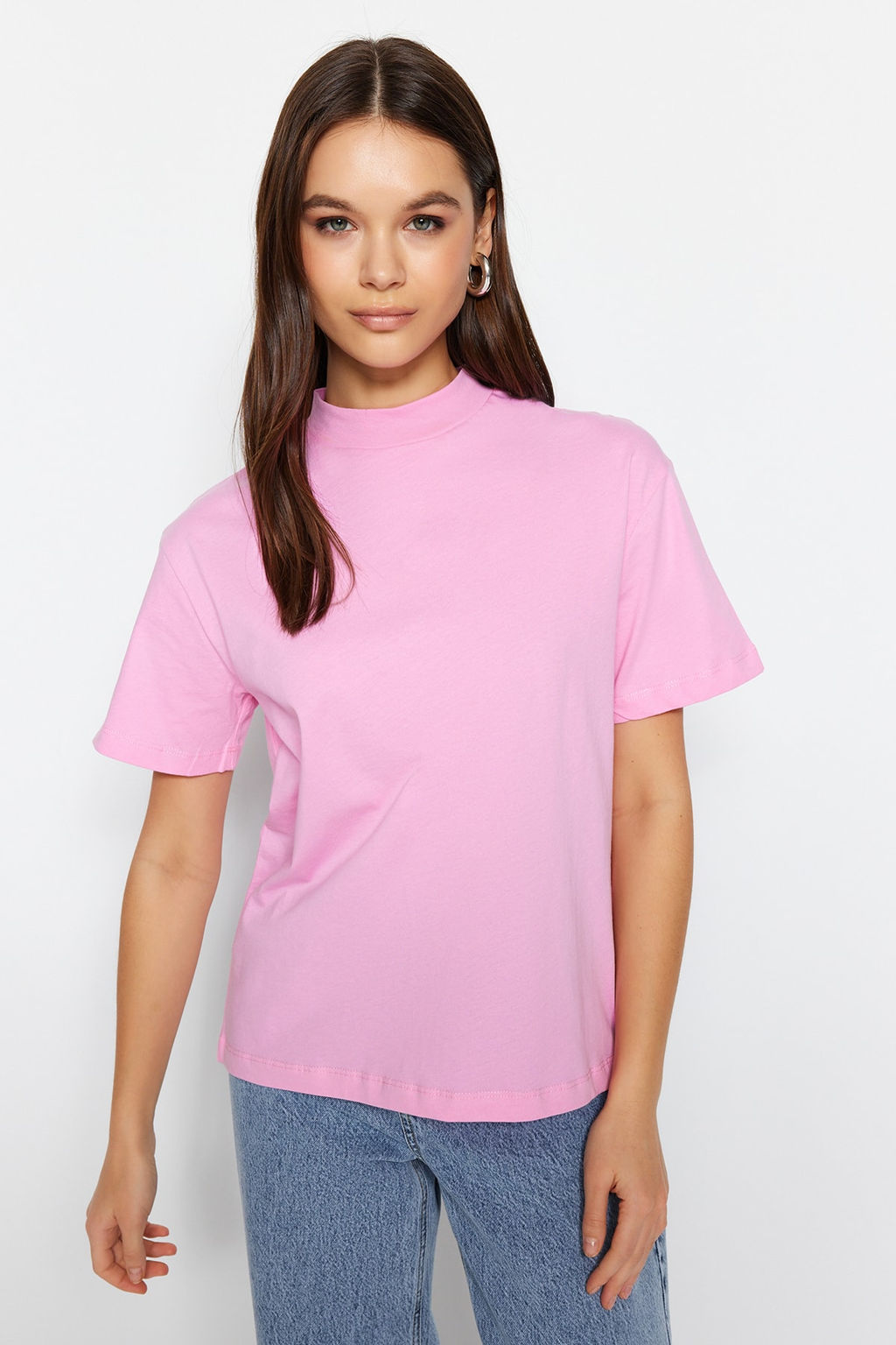Pembe-Beyaz 2li Paket %100 Pamuk Basic Dik Yaka Orme T-Shirt TWOSS20TS1500