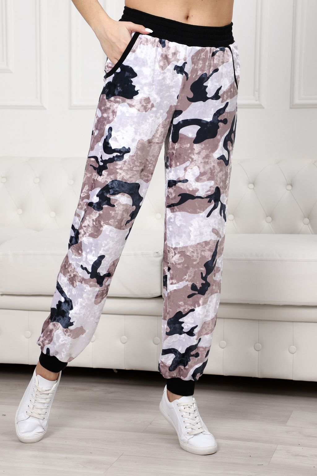 Брюки женские из велюра на манжетах Камуфляж бежевый - Амадэль фото 14