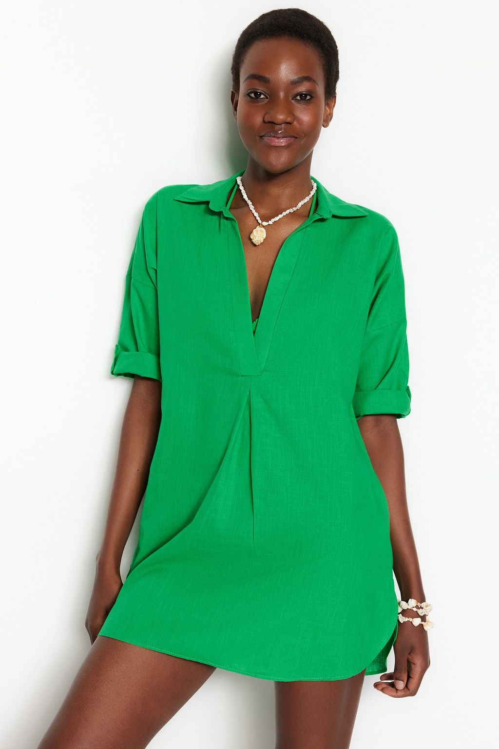 Ac?k Yesil Dokuma Plaj Mini Elbise TBESS21EL3979