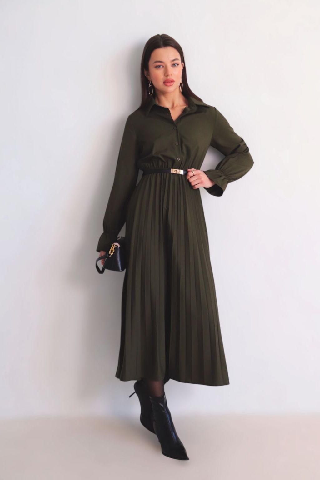 Martichelli Платье рубашка с юбкой-плиссе хаки фото 4