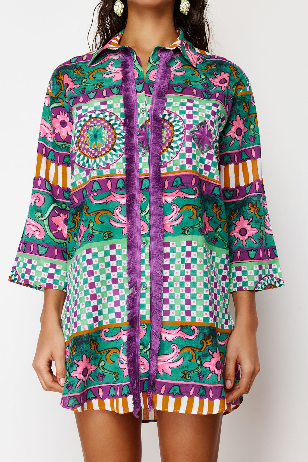 TRENDYOLMILLA Etnik Desenli Dokuma %100 Pamuk Puskullu Plaj Gomlegi TBESS20GO0163  фото 10