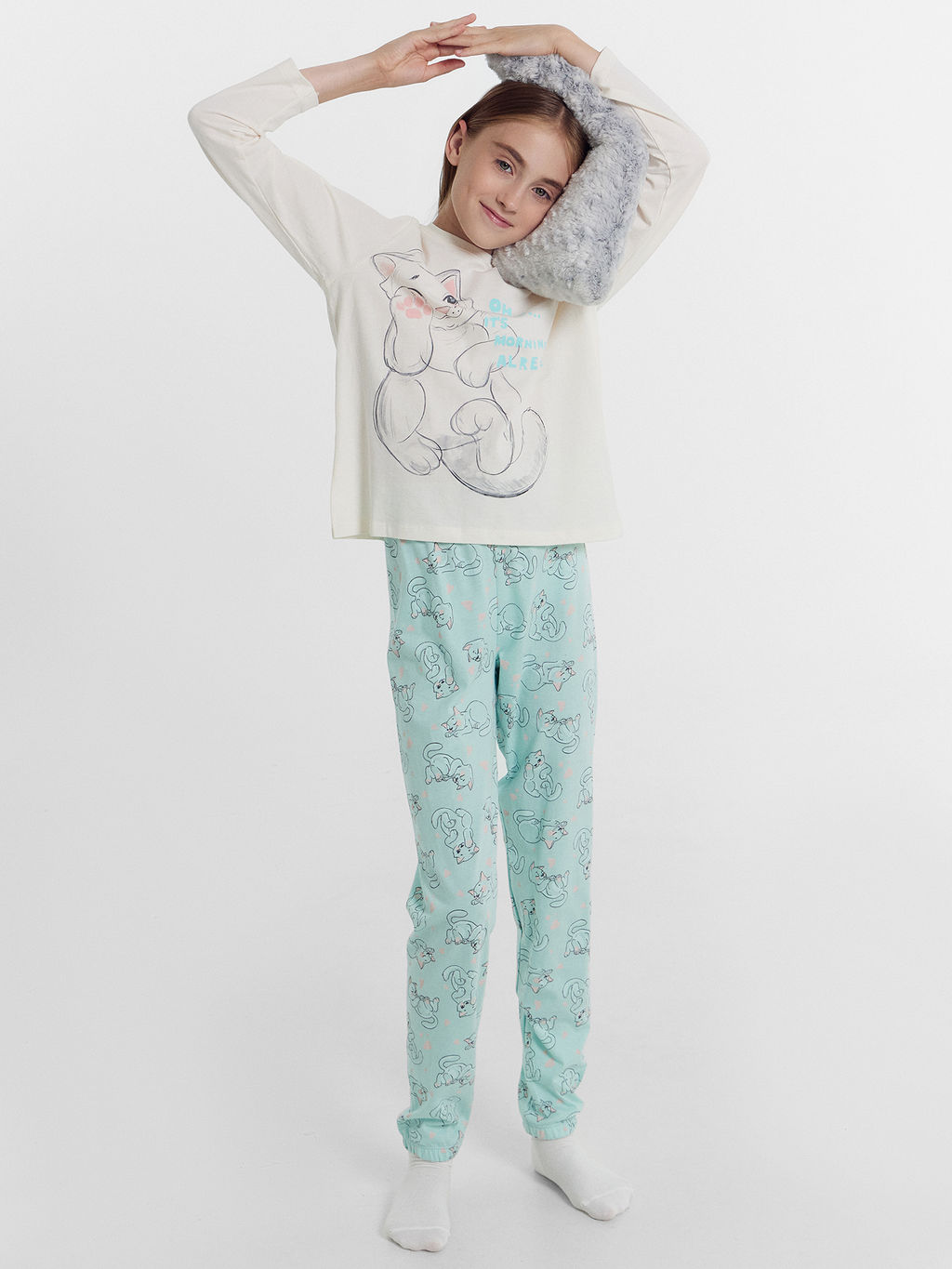 Комплект для девочек (джемпер, брюки) бежево-голубой с котиками - Mark formelle фото 2