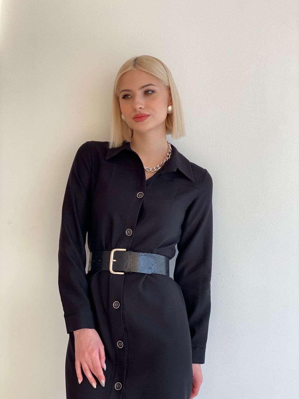 5754 Платье-рубашка из микровельвета чёрное - Martichelli фото 8