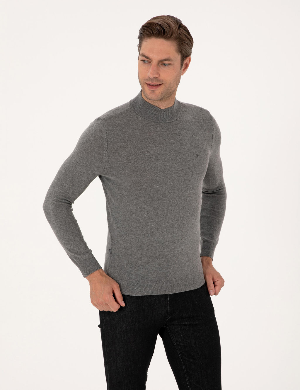 Gri Melanj Slim Fit Yar_m Bal_k__ Yaka Basic Triko Kazak - Pierre cardin фото 3