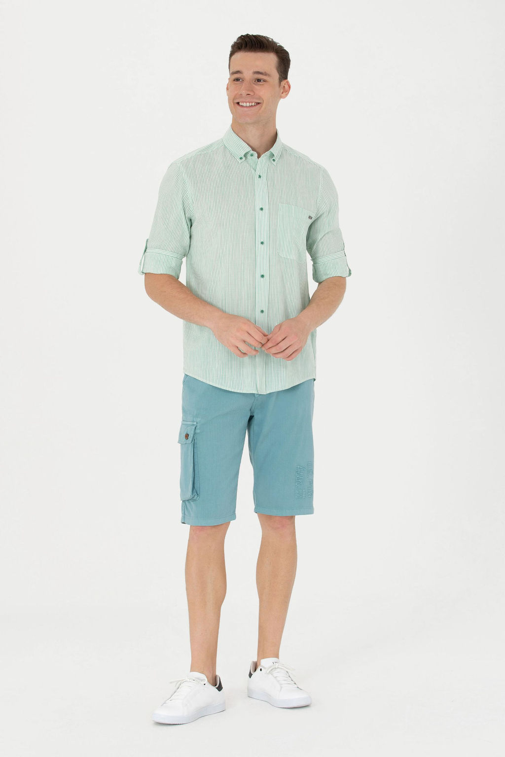 U. S. Polo Assn Мужская белая рубашка в зеленую полоску - U.s. polo assn фото 4