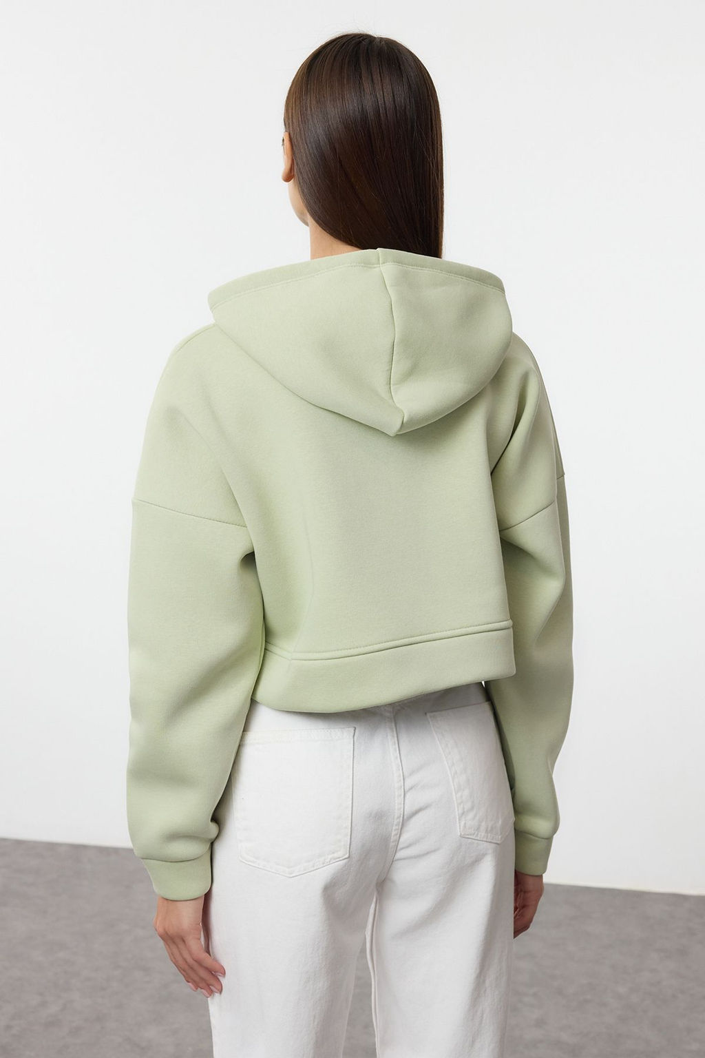 Mint Fermuarl? Kapusonlu Rahat Kesim Crop Kal?n Ici Polarl? Orme Sweatshirt TWOAW20SW0660
