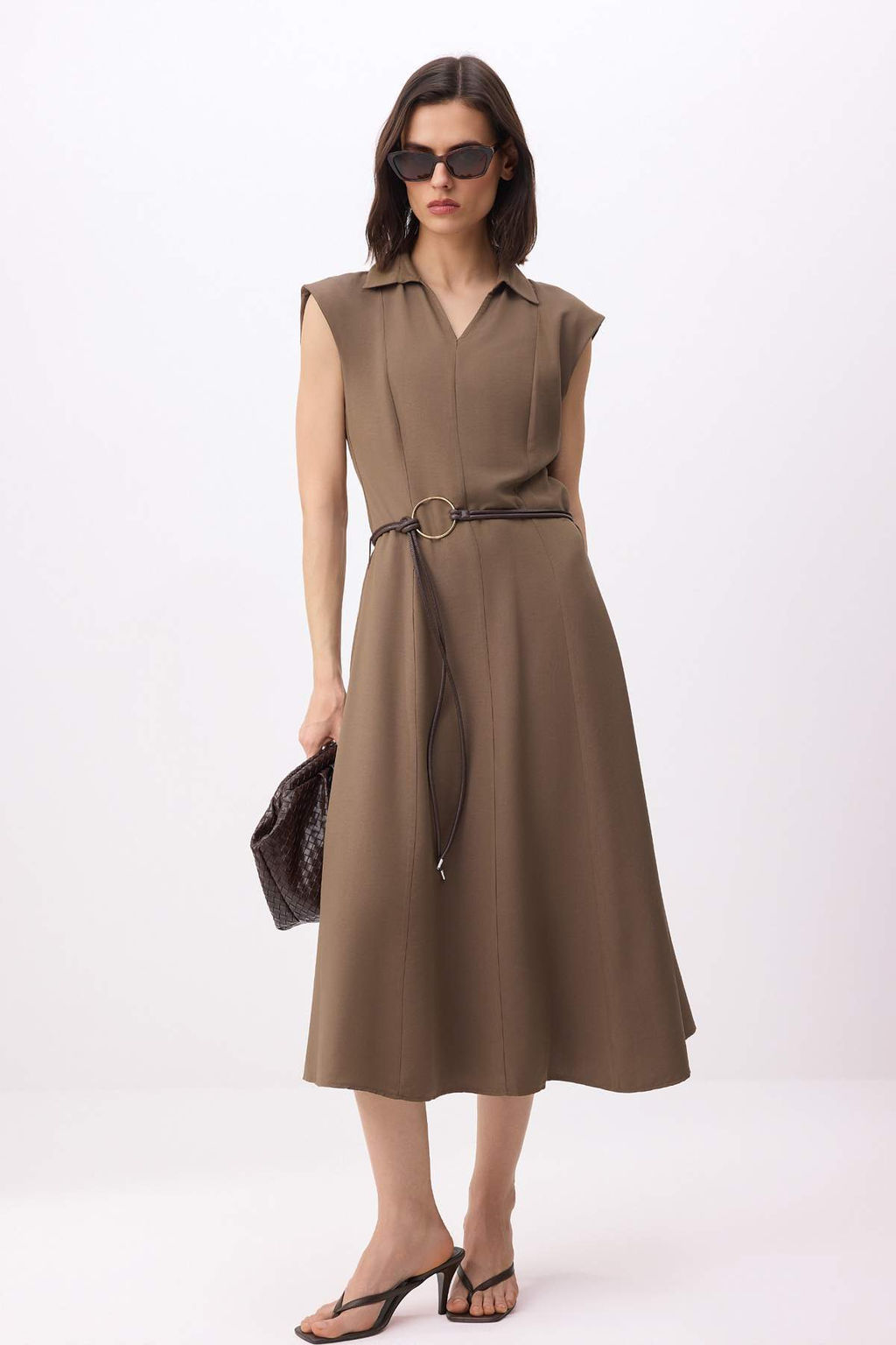 Haki Duz Kemerli Midi Dokuma Elbise TWOSS26EL00062 - Trendyolmilla фото 2