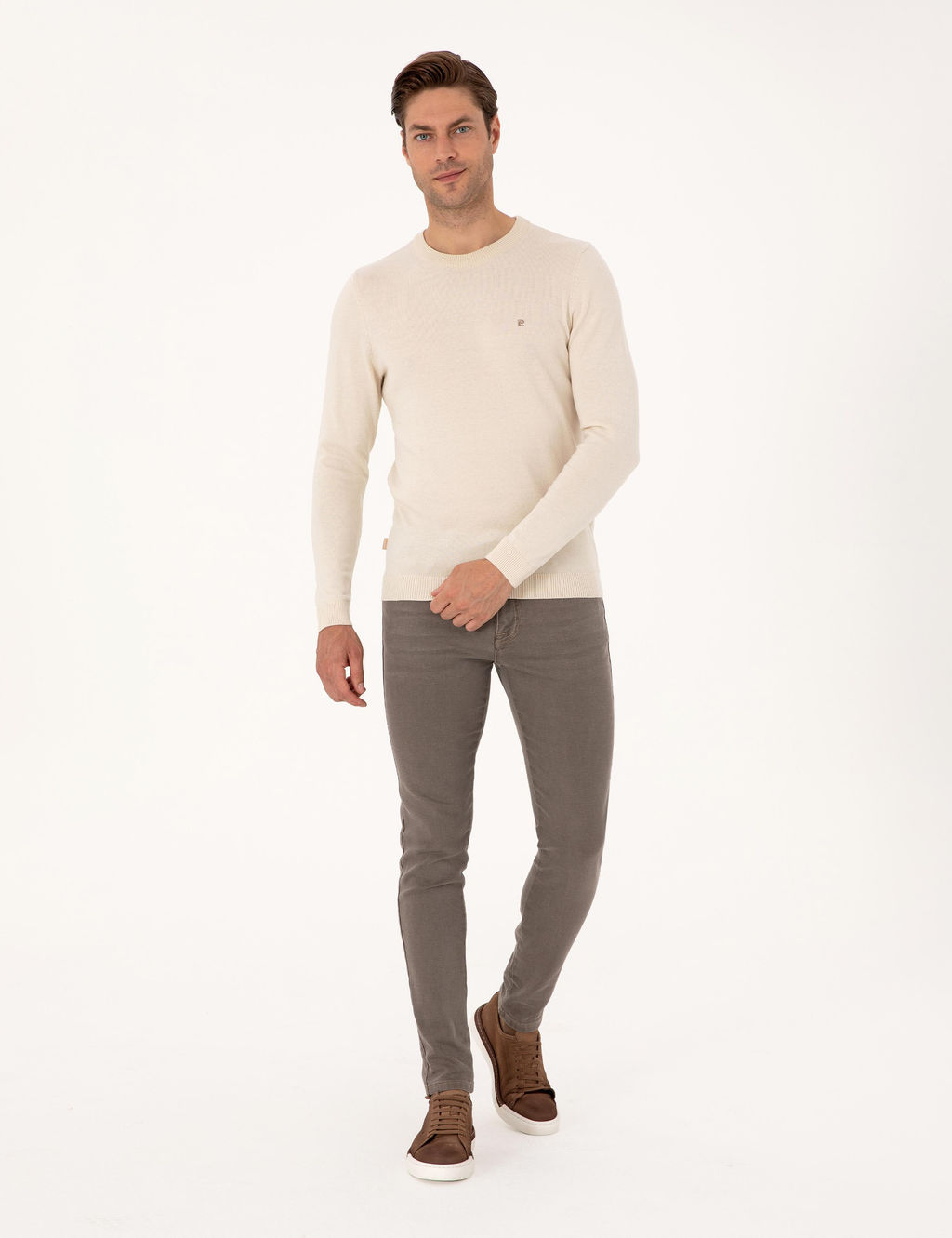 Bej Slim Fit Bisiklet Yaka Basic Triko Kazak - Pierre cardin фото 4