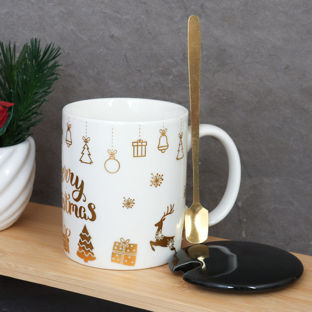 Кружка новогодняя с крышкой, ложка /300 мл/ HB-074 /уп 60/