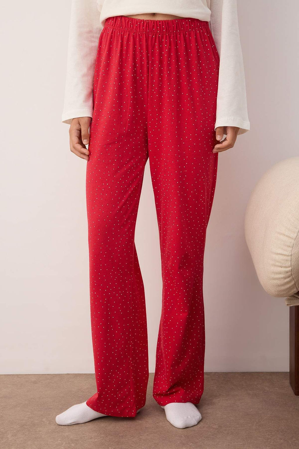 Beyaz %100 Pamuklu Kurdele/Fiyonklu ve Puantiyeli Orme Pijama Tak?m? THMAW26PT00053 - Trendyolmilla фото 3