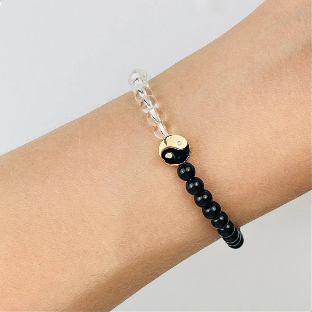 Браслет "Инь-Янь" из Горного Хрусталя и золотистого Обсидиана 17 см