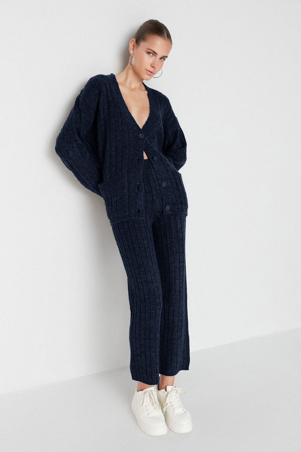 Lacivert Genis Kal?p Yumusak Dokulu Triko Alt - Ust Tak?m TWOAW22AU0128