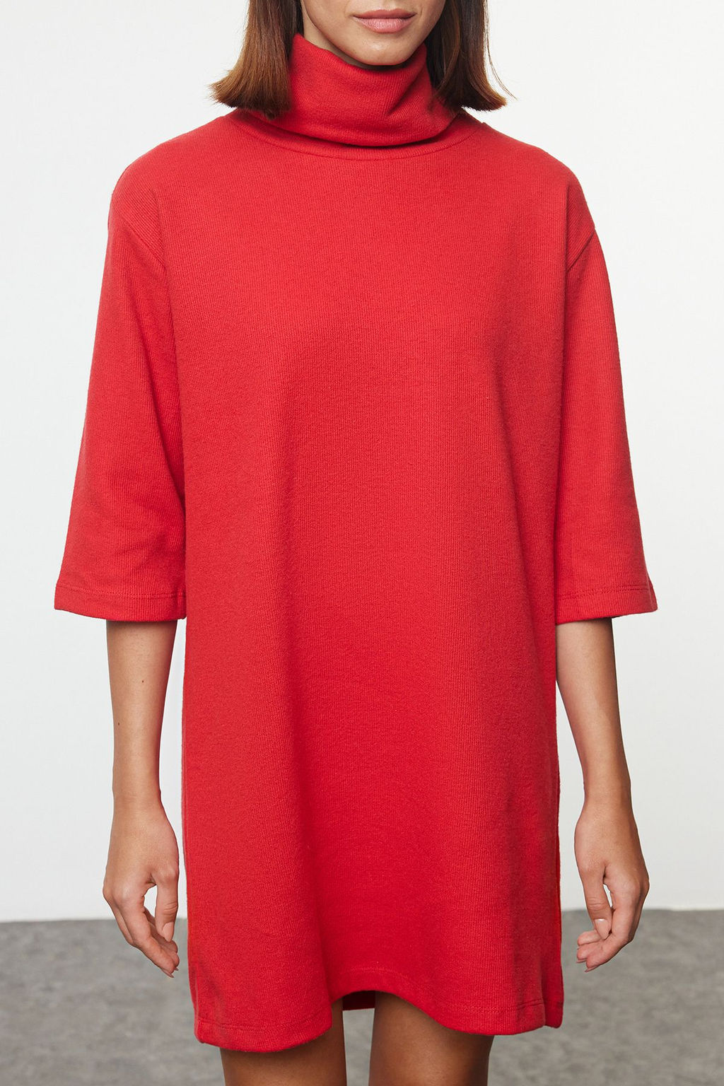 K?rm?z? Bal?kc? Yaka Shift/Duz Mini Selanik Uzun Kollu Orme Elbise TWOAW20EL1110