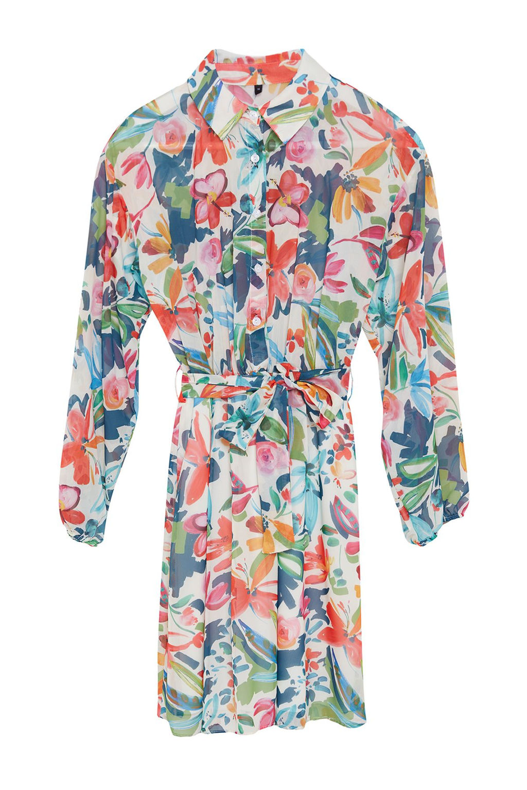 Cok Renkli Cicek Desenli Belden Ac?lan Mini Astarl? Sifon Ucus Ucus Dokuma Elbise TWOAW24EL00841