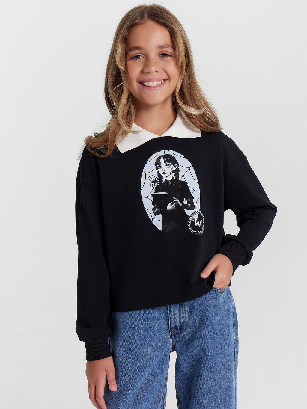 Свитшот для девочек с классическим воротником и принтом Уэнздей - Mark formelle фото 2
