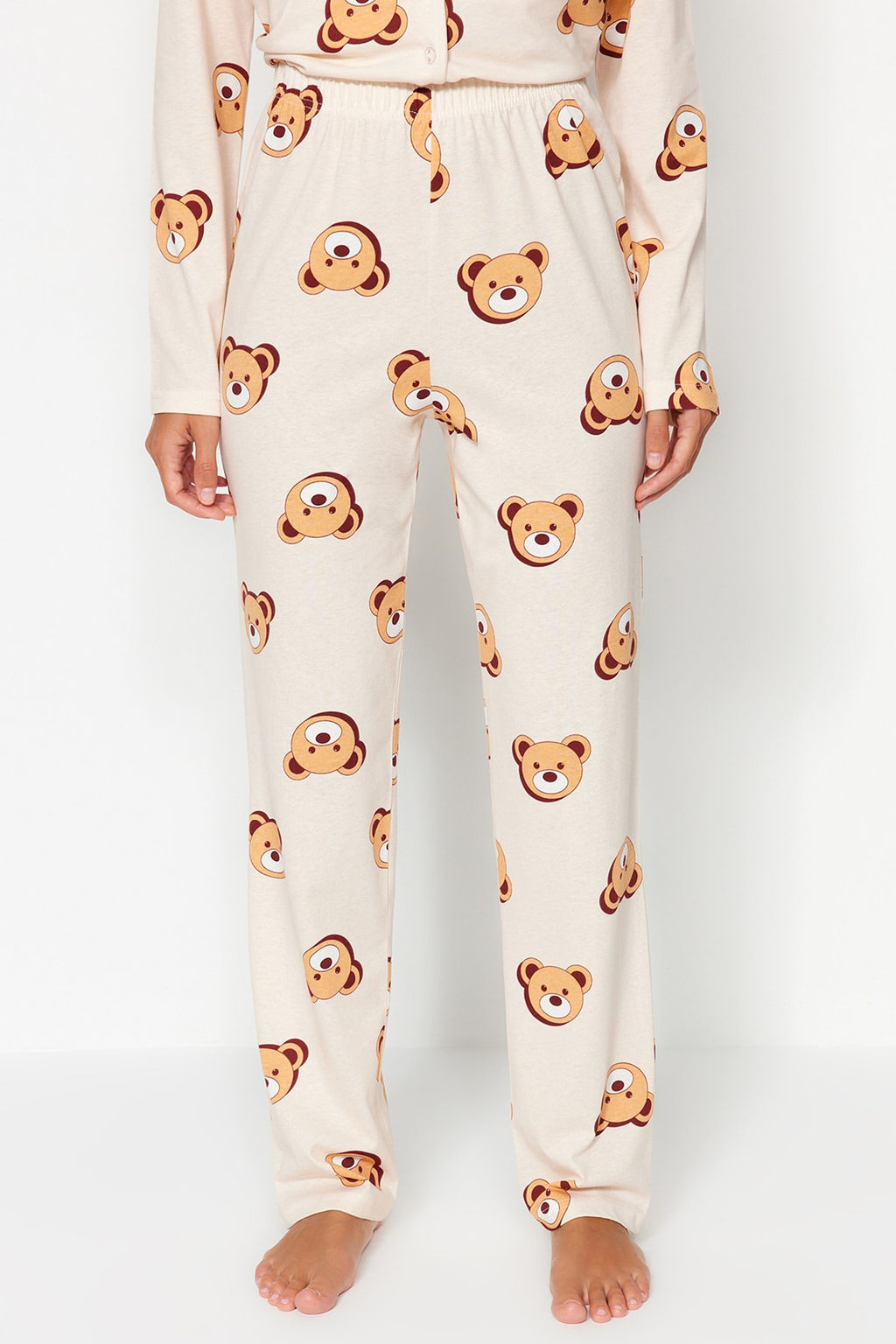 Trendyolmilla Ekru %100 Pamuklu Ay?c?kl? Gomlek-Pantolon Orme Pijama Tak?m? THMAW24PT00002 фото 13