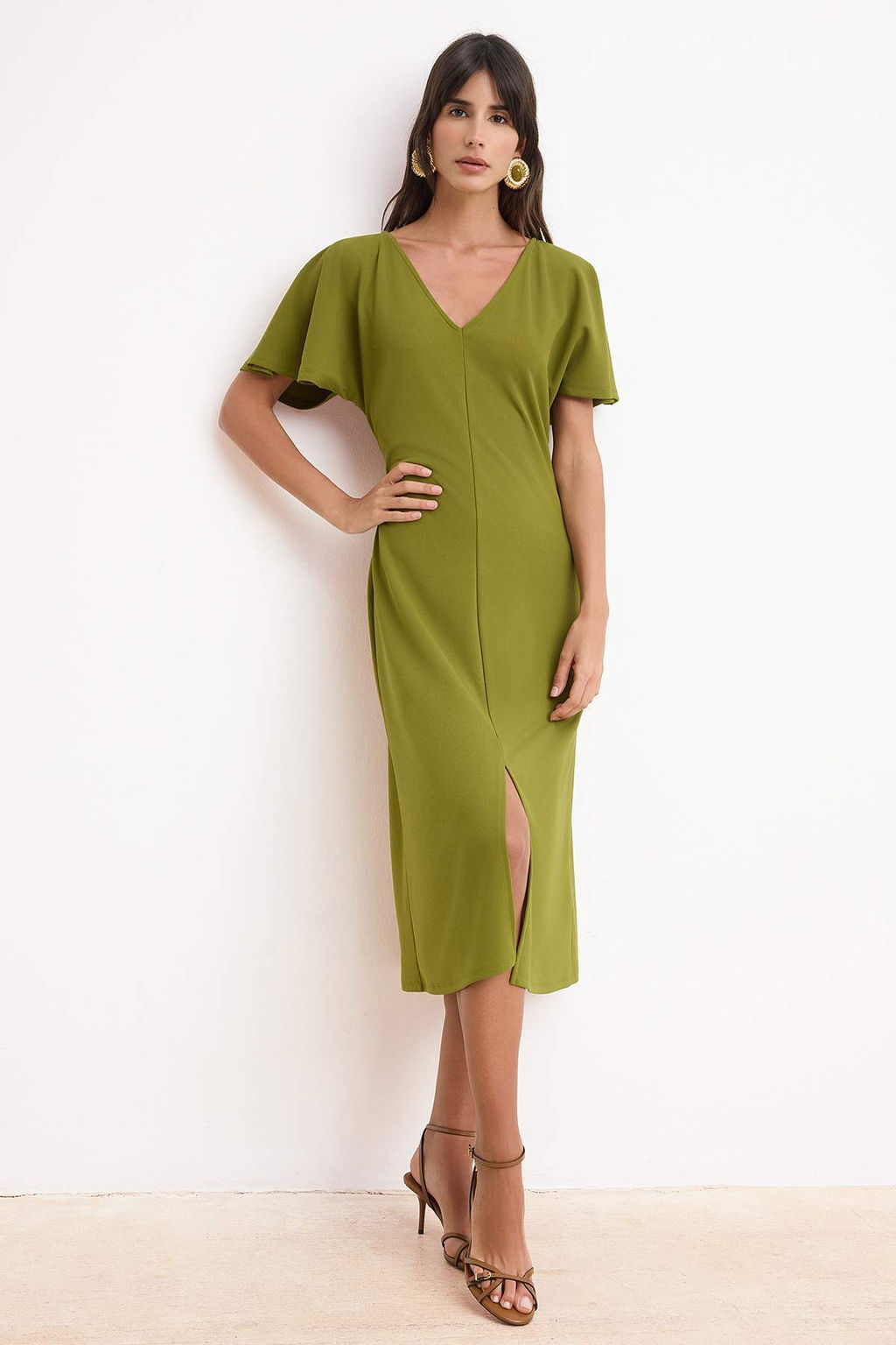 Yag Yesil Bodycon V Yaka Melek Kol K?sa Kollu Krep Orme Elbise TWOSS26EL00471