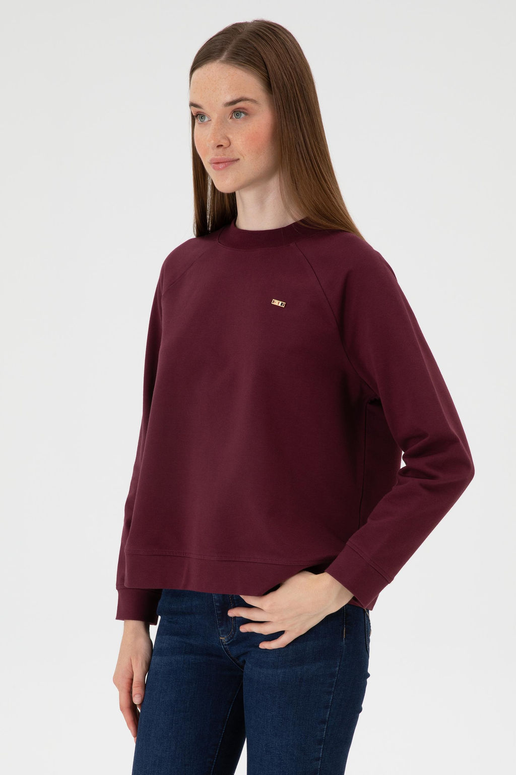 Kad_n Bordo Regular Bisiklet Yaka Basic Sweatsh_rt