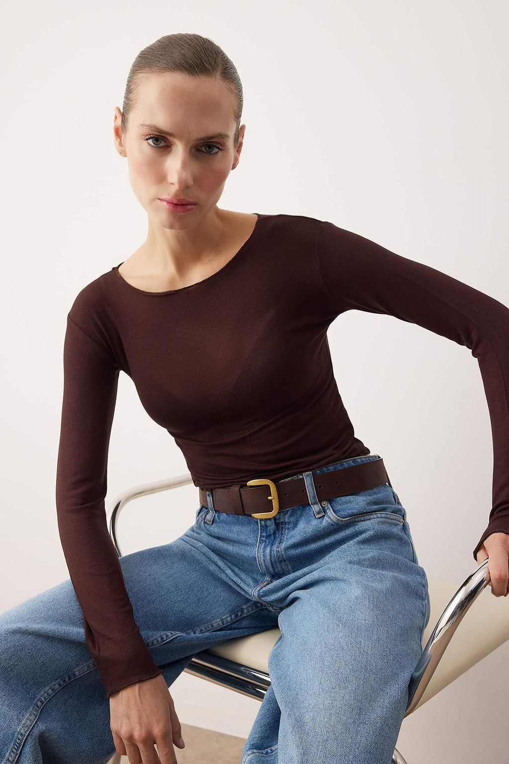 Kahverengi Transparan Esnek Vucuda Oturan Orme Bluz TWOAW26BZ00306