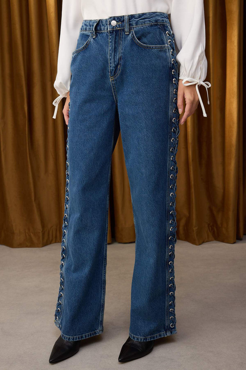Ozel Koleksiyon Mavi Kusgozu Baglama Detayl? Yuksek Bel Wide Leg Jeans TWOAW26JE00012