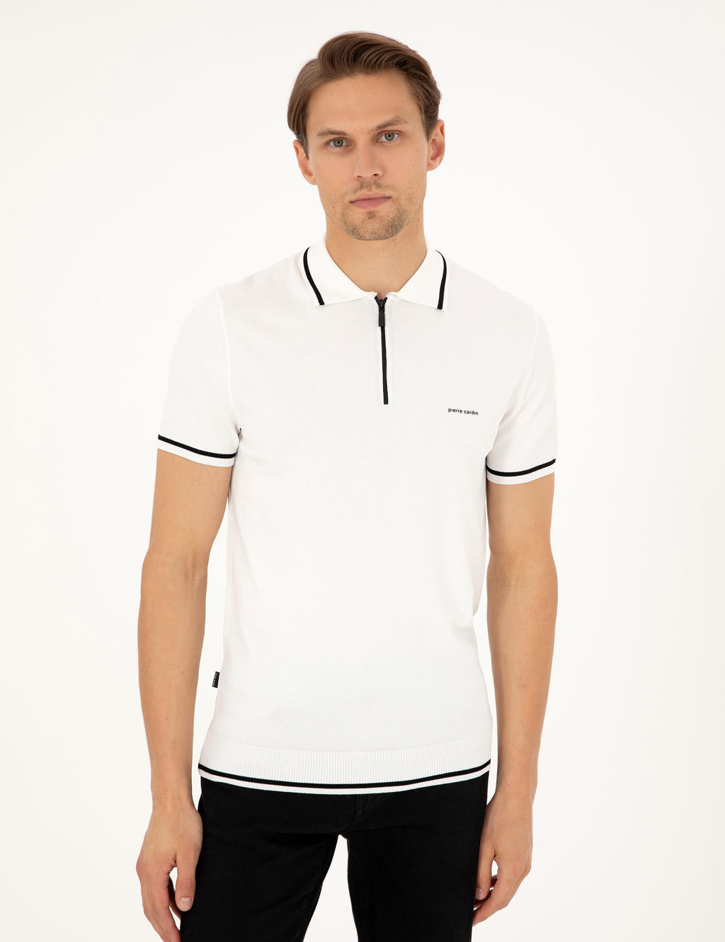 Ekru Slim Fit Fermuarl_ Polo Yaka Y_n Kar___ml_ Triko Ti__rt - Pierre cardin фото 3