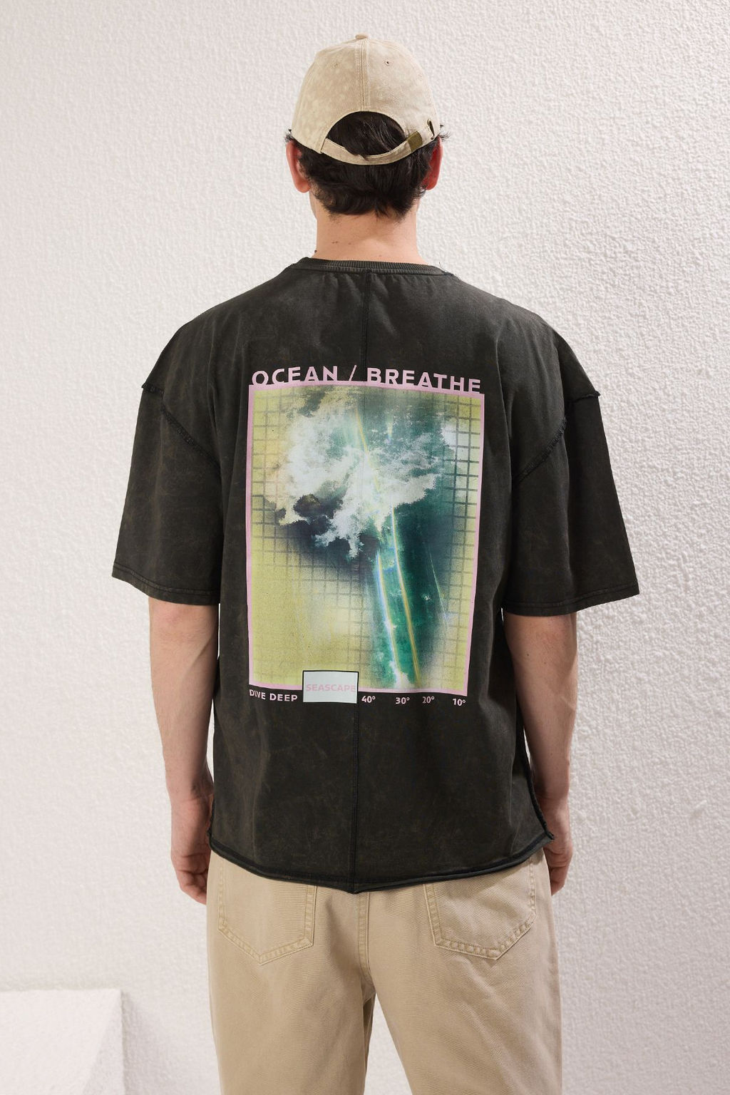 TRENDYOL MAN Siyah Oversize/Genis Kesim Dikis Detayl? Bask?l? T-Shirt TMNSS25TS00101