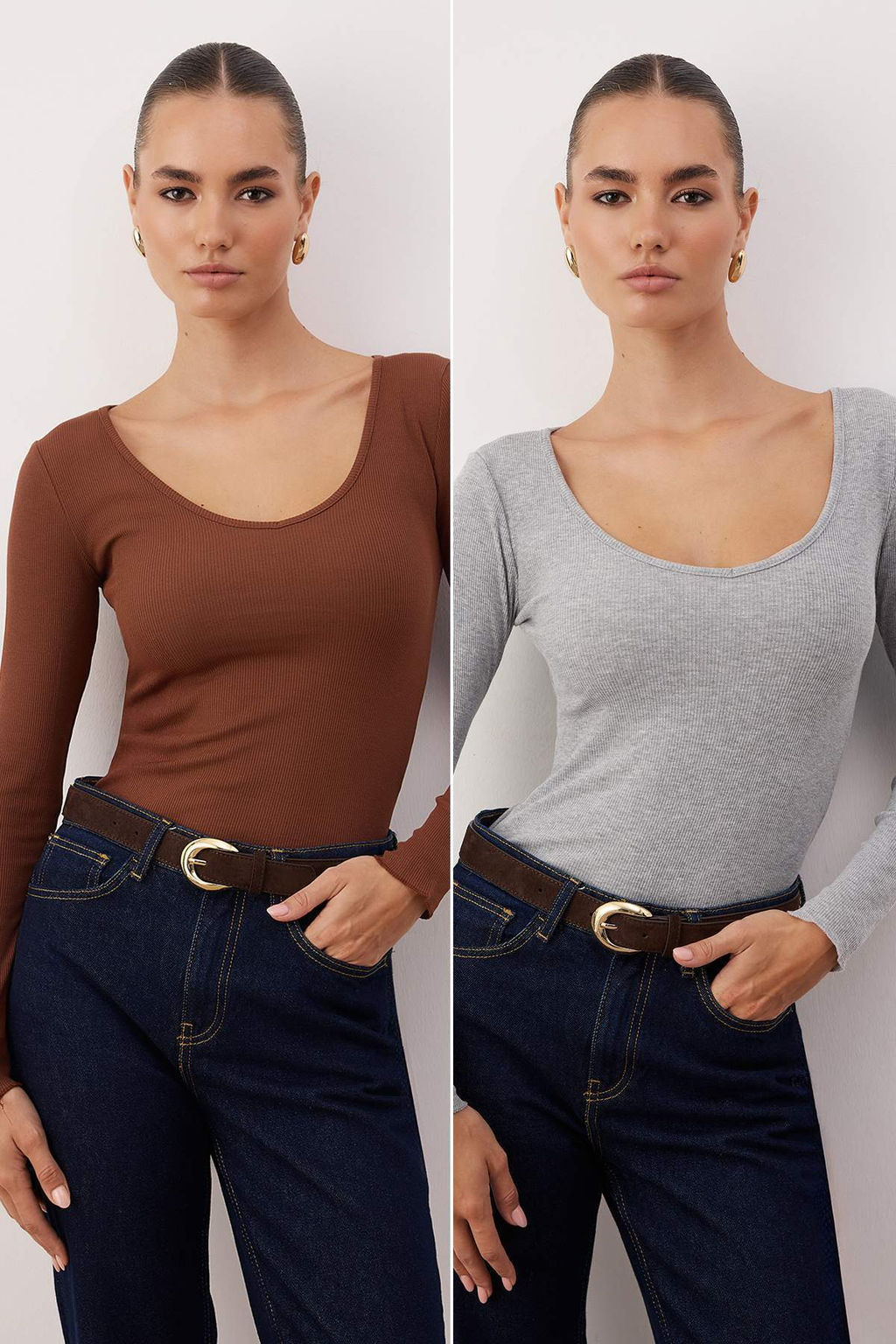 Kahverengi-Gri Melanj 2li Paket V Yaka Fitted/Vucuda Oturan Pamuklu Esnek Orme Bluz TWOAW24BZ00068