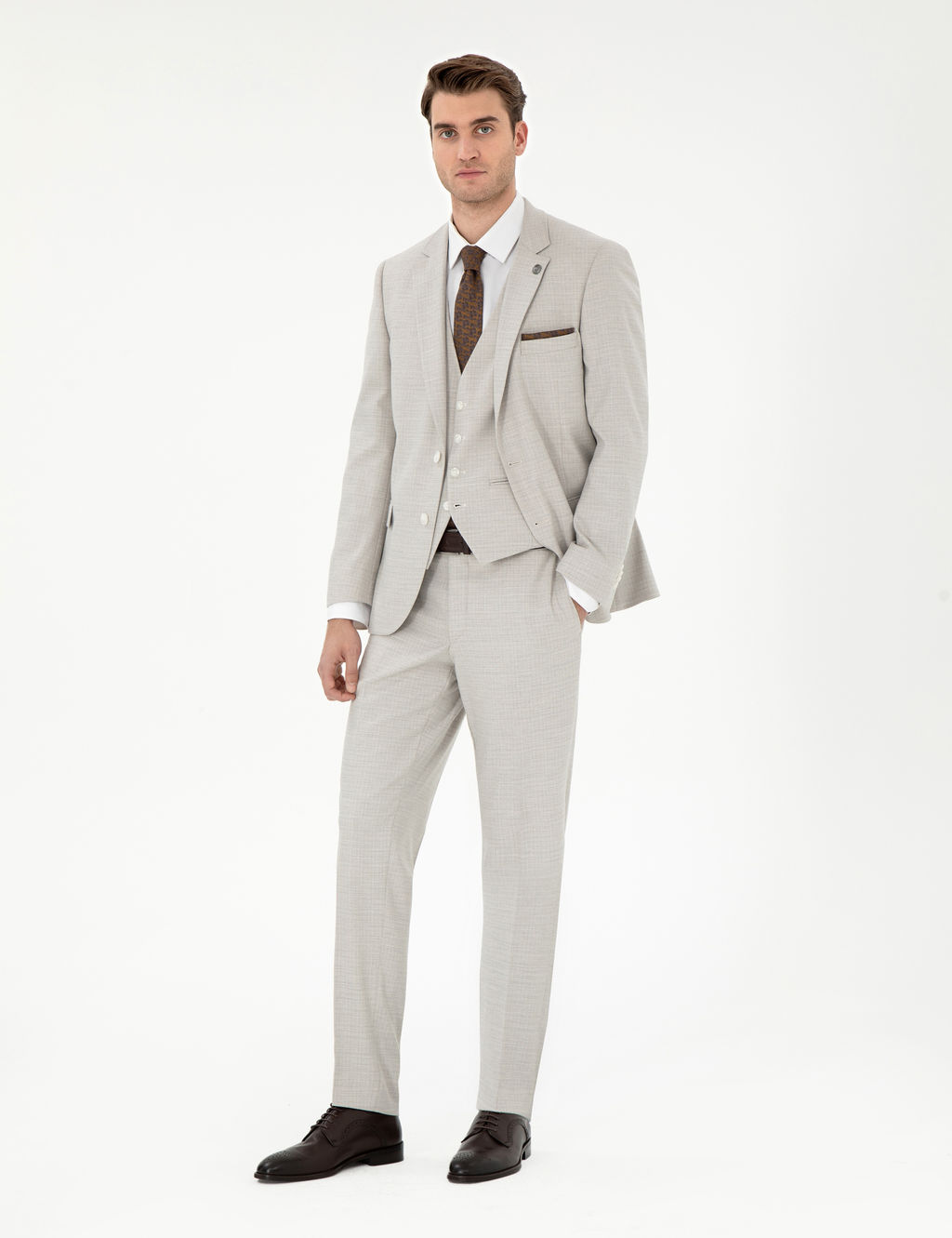 Bej Extra Slim Fit Yelekli Tak_m Elbise