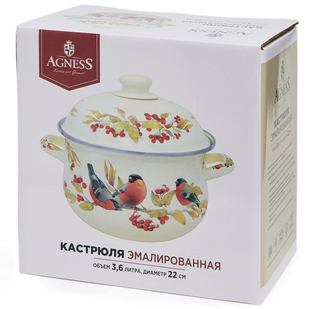 КАСТРЮЛЯ AGNESS ЭМАЛИРОВАННАЯ С ЭМАЛ.КРЫШКОЙ СЕРИЯ СНЕГИРИ, 3.6 Л, 22*13 СМ фото 4
