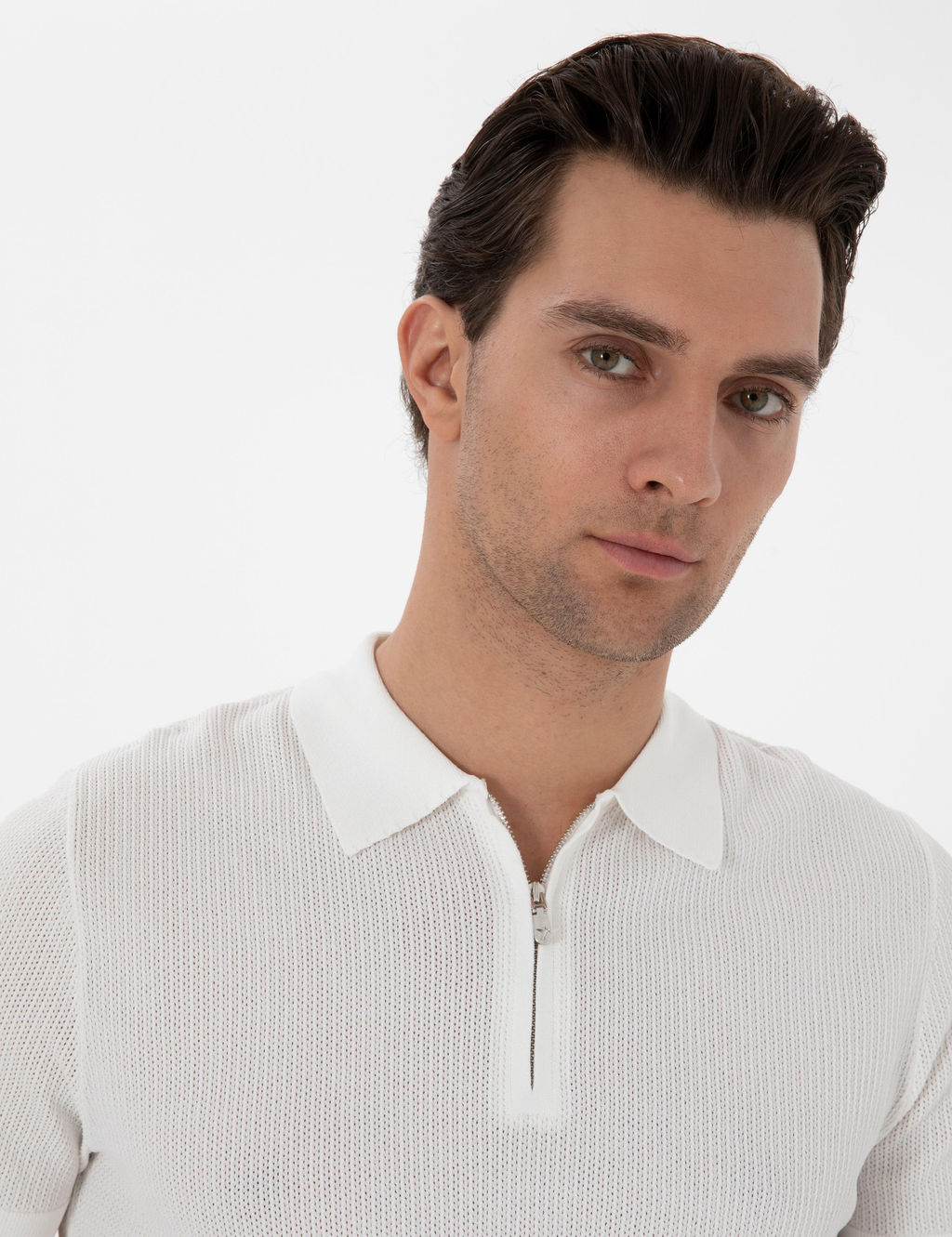 Ekru Slim Fit Fermuarl_ Polo Yaka Triko T-shirt