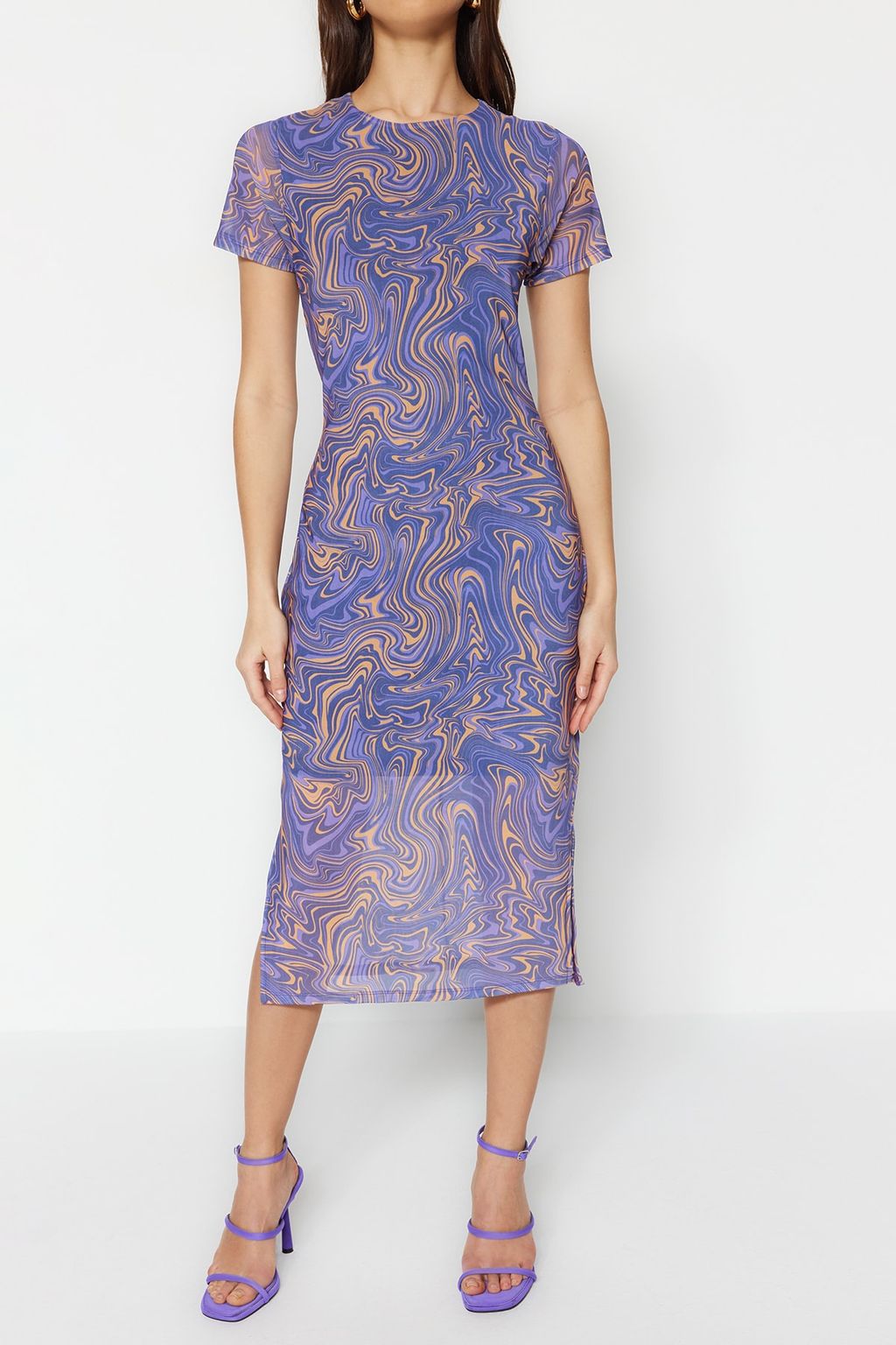 Mavi Bask?l? K?sa Kol Bisiklet Yaka Vucuda Oturan Esnek Midi Tul Kalem Elbise TWOSS23EL01791