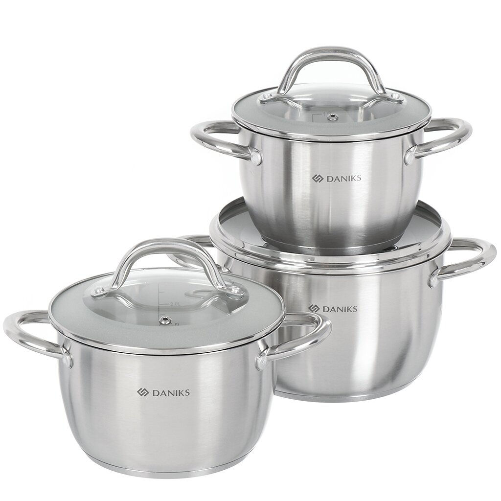 Набор посуды нерж. сталь, 6 предметов, кастрюли 1.9, 2.7, 3.7 л, индукция, Daniks, Перл, GS-01205-6  фото 8