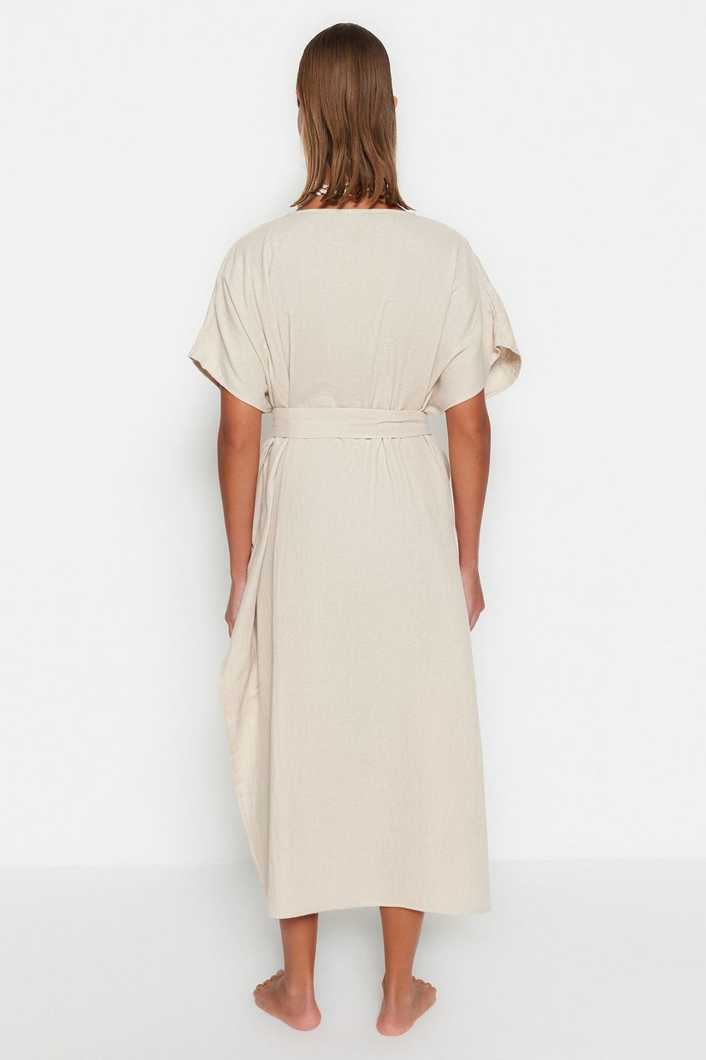 Bej Dokuma Y?rtmacl? Maxi Plaj Kusakl? Kimono&Kaftan TBESS23KM00019