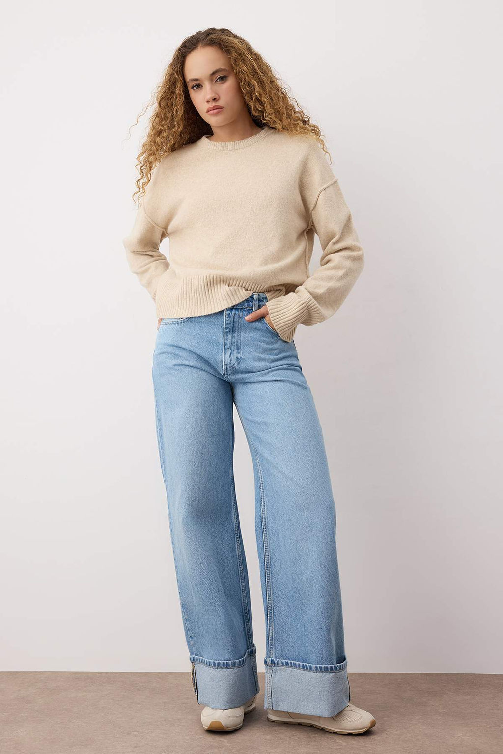 Koyu Mavi Paca Katlamal? Normal Bel Wide Leg Jeans TWOAW26JE00011 - Trendyolmilla фото 8
