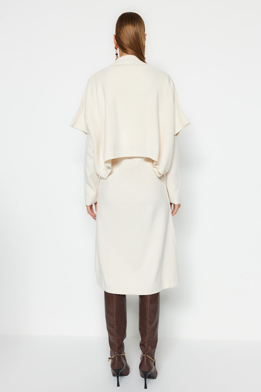 Ekru Midi Triko Super Genis Kal?p Suveterli Elbise TWOAW24EL00012