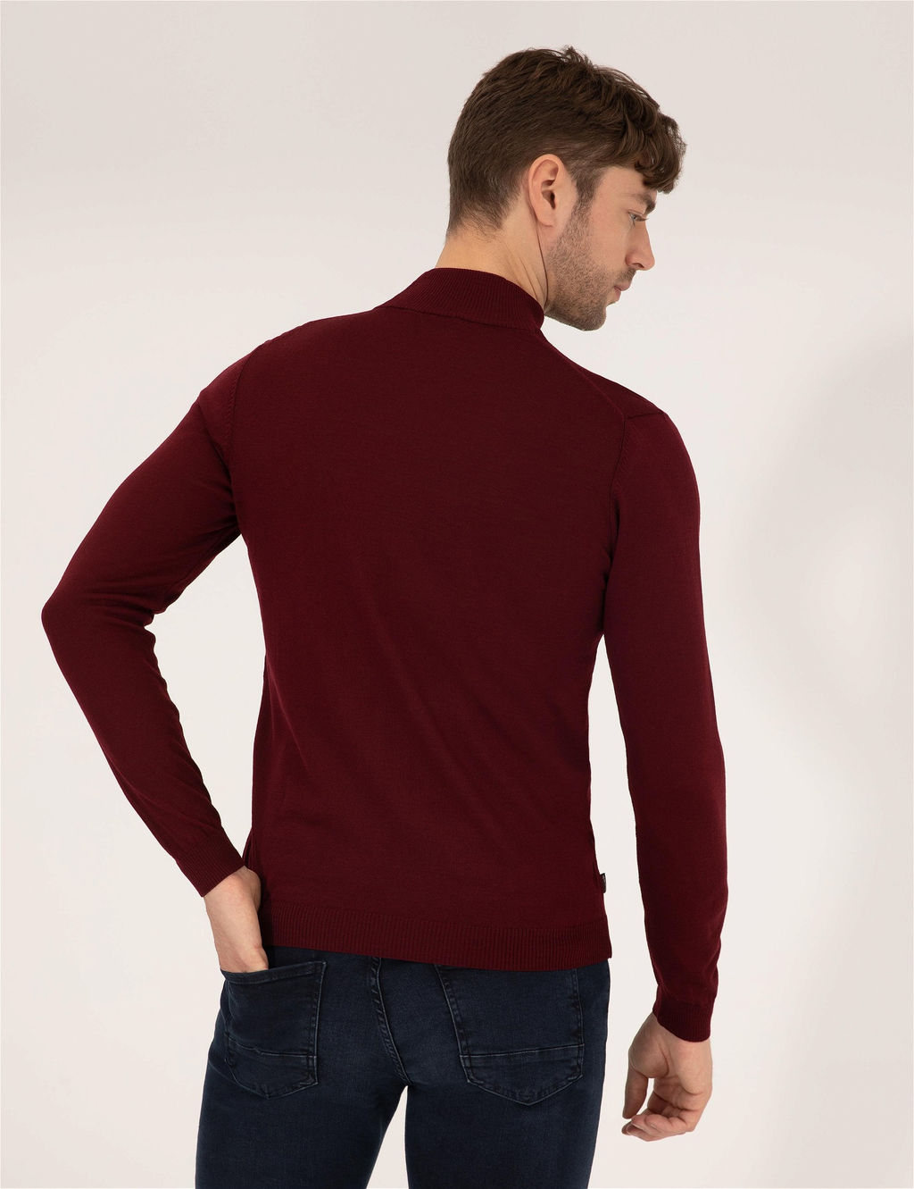 Bordo Slim Fit Yar_m Bal_k__ Yaka Y_n Kar___ml_ Basic Triko Kazak - Pierre cardin фото 4