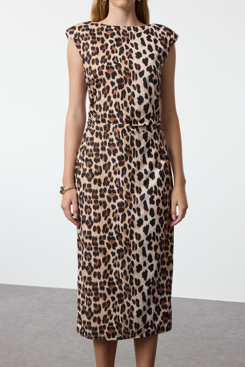 TRENDYOLMILLA Kahverengi Leopar Desenli Duz Kesim Vatkal? Dokuma Elbise TWOAW25EL00361 фото 9