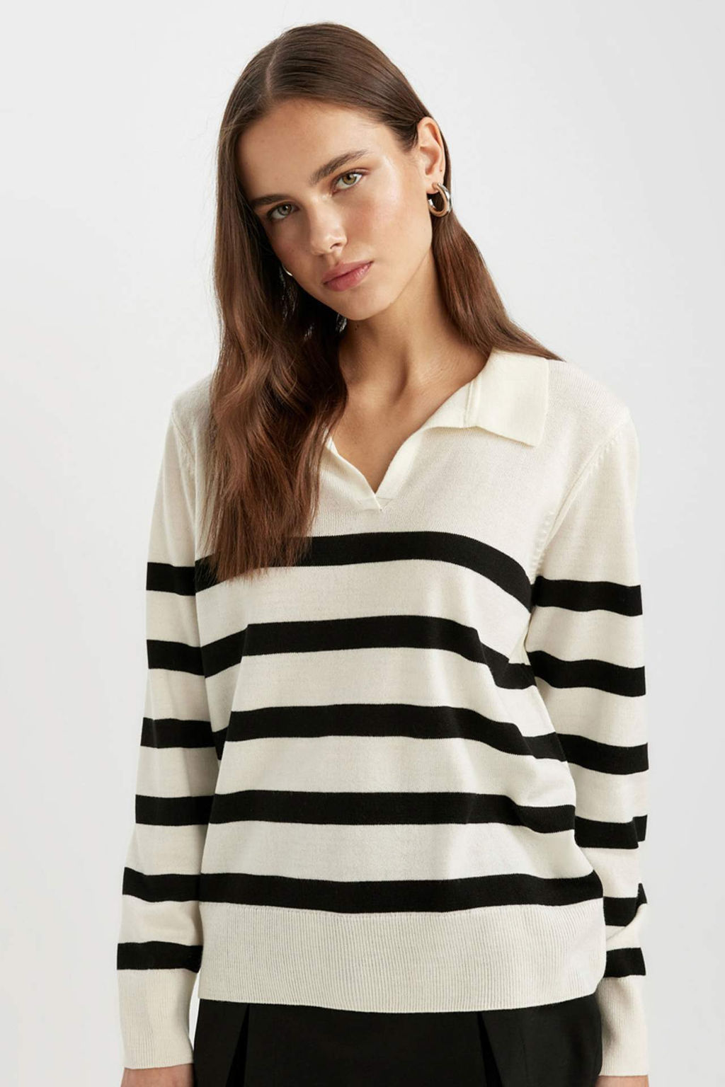 Regular Fit Polo Yaka Cizgili Basic Duz Triko Kazak - Defacto фото 2