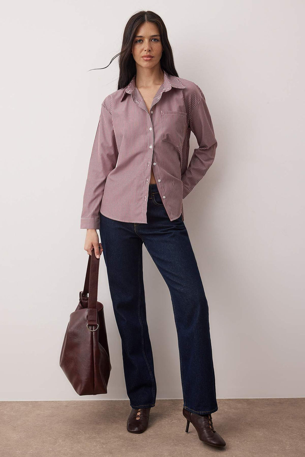 Bordo Cizgili Oversize/Genis Kal?p Gomlek TWOAW26GO00126 - Trendyolmilla фото 2