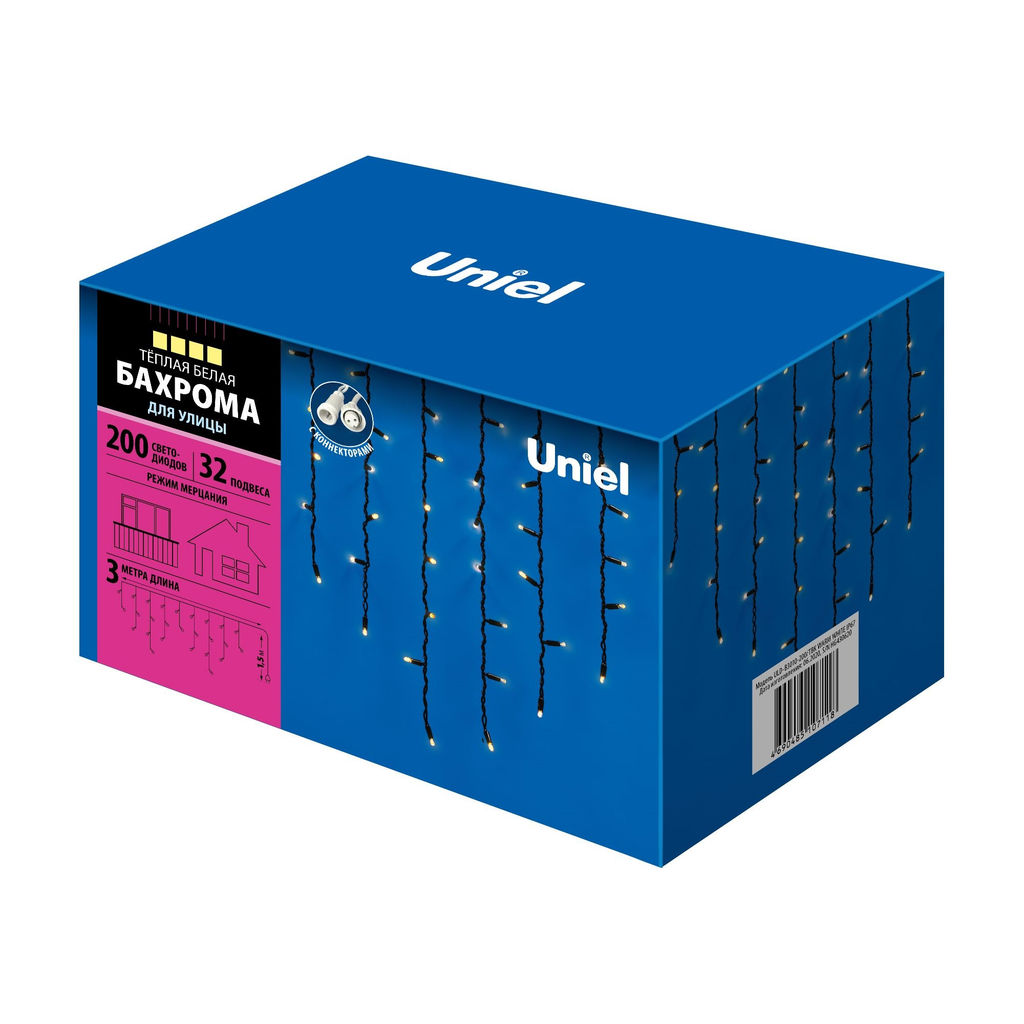 ULD-B3010-200/TBK WARM WHITE IP67 Бахрома светодиодная с эффектом мерцания, 3м. Соединяемая. 200 светодиодов. Теплый белый свет. Провод черный. TM Uniel. - Volpe фото 13