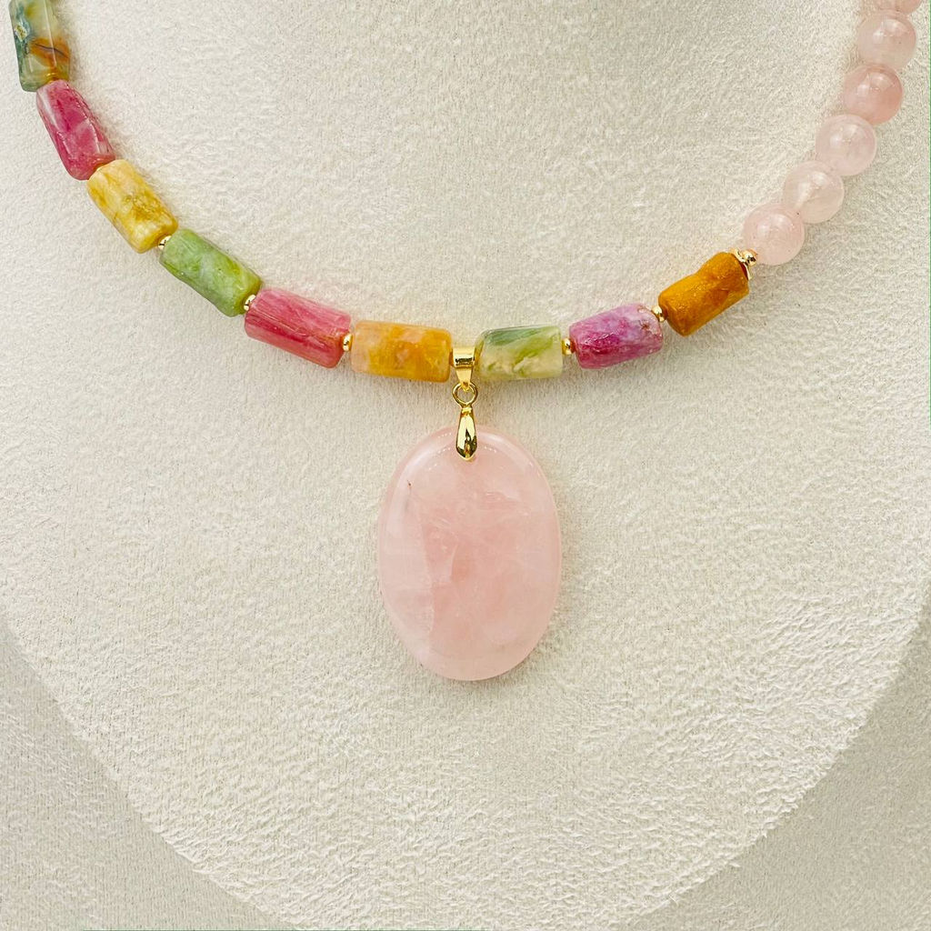 Колье из Турмалина микс и Розового кварца 38 см +