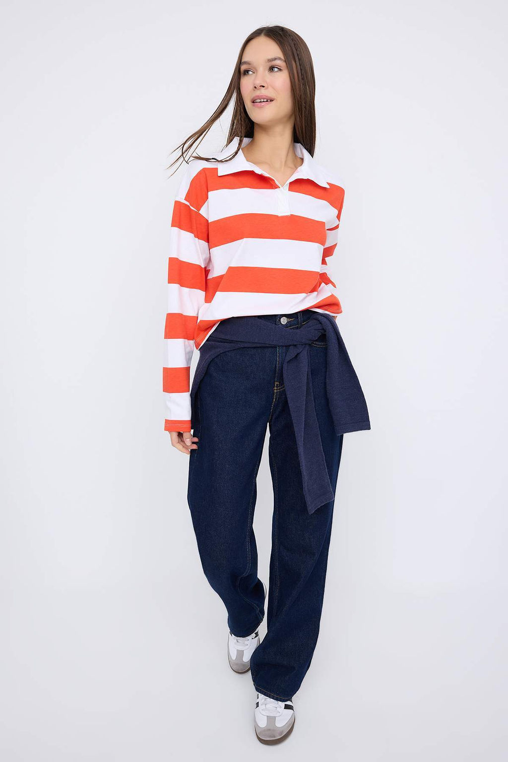 Turuncu Cizgili Polo Yaka Relaxed Crop/Rahat K?sa Orme T-shirt TWOAW26TS00011 - Trendyolmilla фото 10