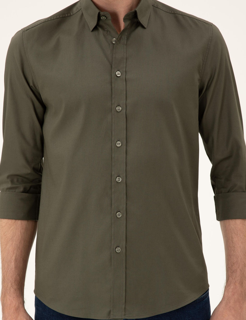 Рубашка приталенного кроя цвета хаки из смесового хлопка - Cacharel фото 6