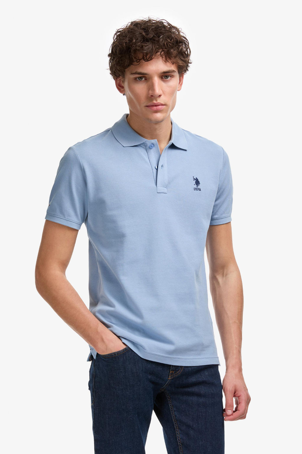 Erkek Slim Fit Polo Yaka Mavi Basic Ti__rt