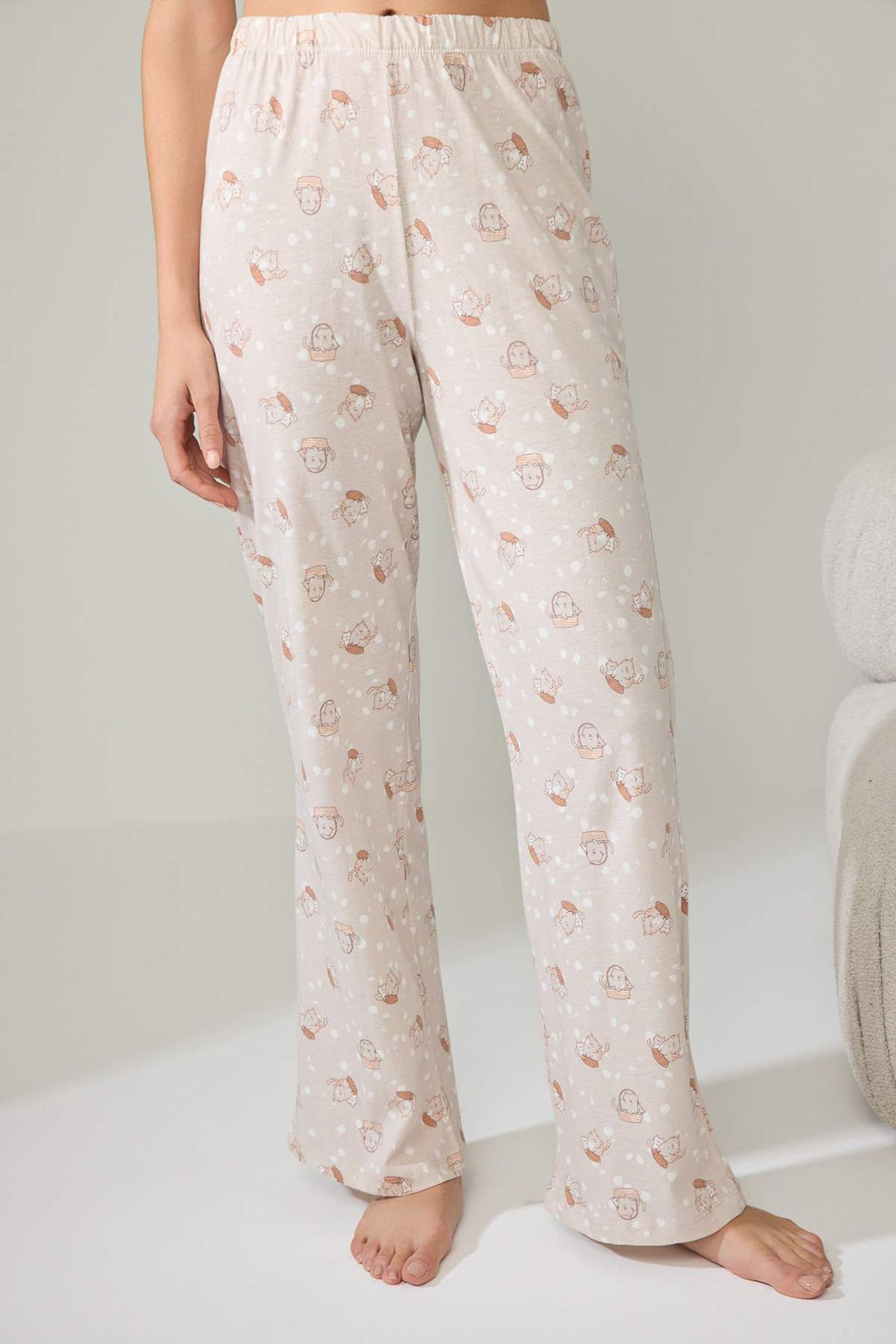 Bej %100 Pamuklu Kedi Desenli _rme Pijama Tak_m_ THMAW27PT00015 - Trendyolmilla фото 3