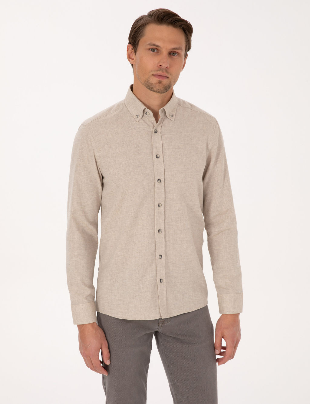 Bej Flanel Dokulu Slim Fit Uzun Kollu G_mlek