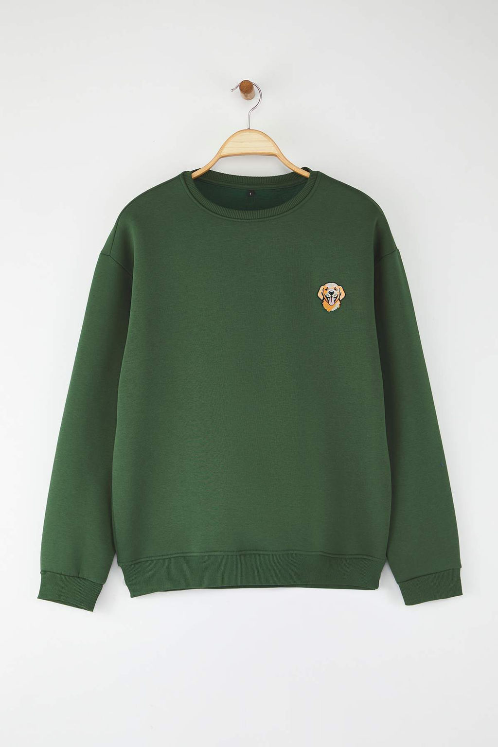 Haki Bisiklet Yaka Oversize/Genis Kesim Ici Polarl? Kopek Nak?s Sweatshirt TMNAW24SW00064