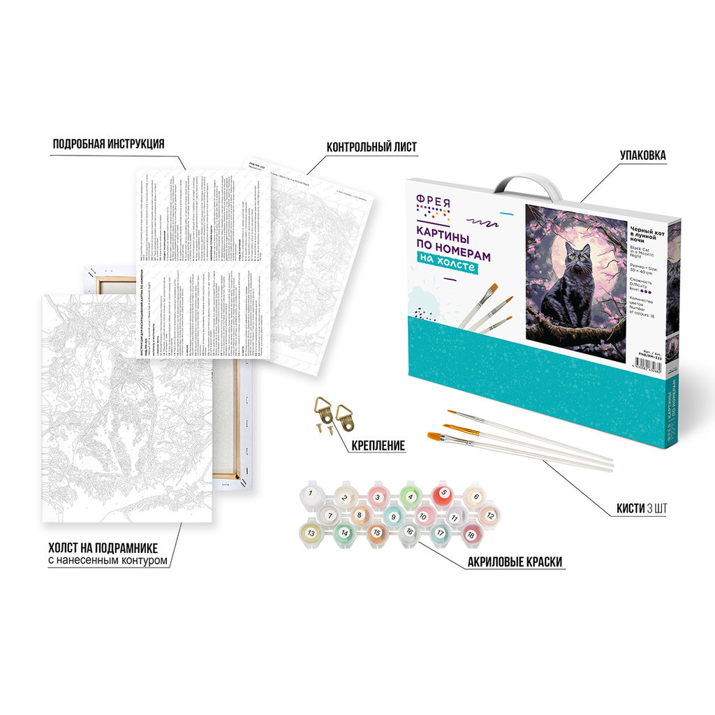 ФРЕЯ PNB/PM-323 Набор для раскрашивания по номерам 40 х 30 см Черный кот в лунной ночи